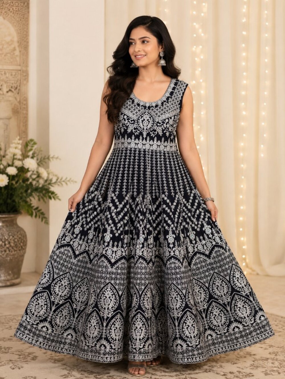 Dark Purple & Silver Embroidered Anarkali Dress | Women's Indian Ethnic Gown